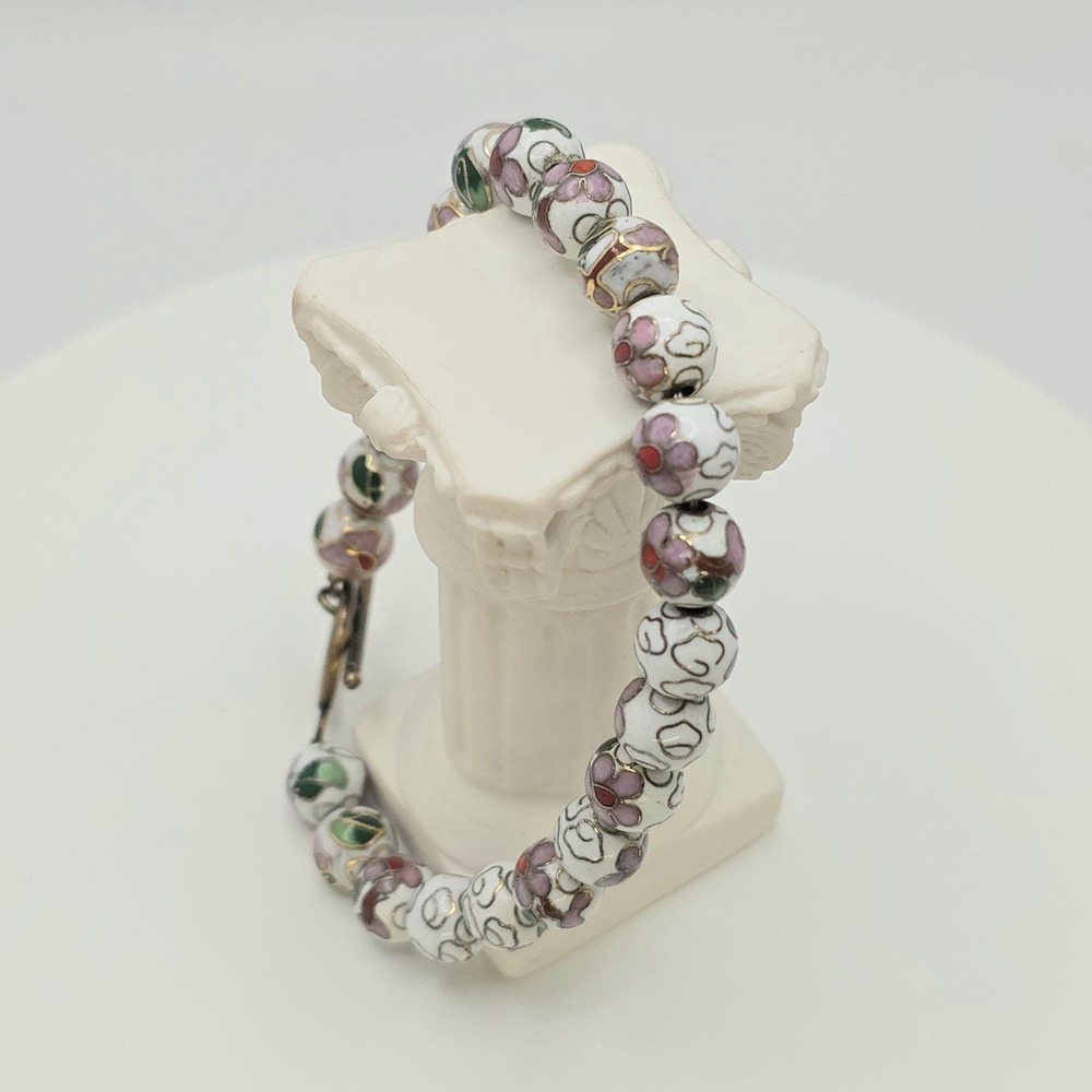 Vtg Authentic Chinese Cloisonné Bracelet Bead White Green Enamel Floral 8"